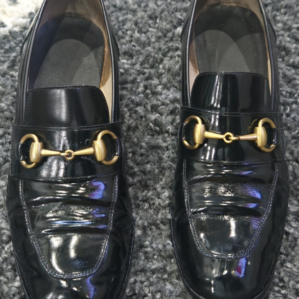 Gucci Black Patent Leather Horsebit Loafers with Gold Hardware